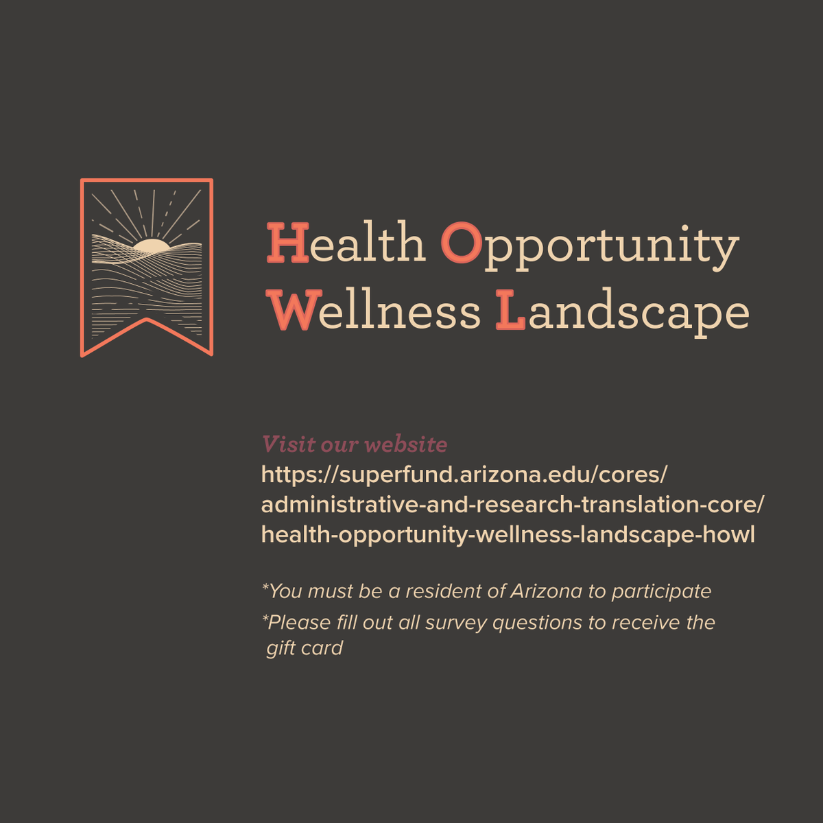 ProjectHarvest1's tweet photo. If you are a current resident of Arizona, we invite you to participate in the Community Needs and Assets Survey with the new project, HOWL! In this ~25 min survey,  you will identify what factors contribute to your community's resilience or vulnerability. https://t.co/zaT0895xiq