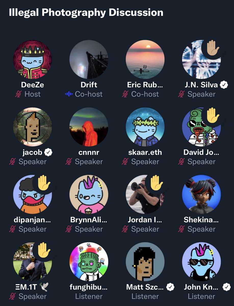 This might be the most interesting NFT/art discussion I've listened in to so far on Spaces with such* a massive pool of talent, knowledge &amp; wisdom amongst the photographers on stage ✨📸

🎧 x.com/i/spaces/1kvJp…