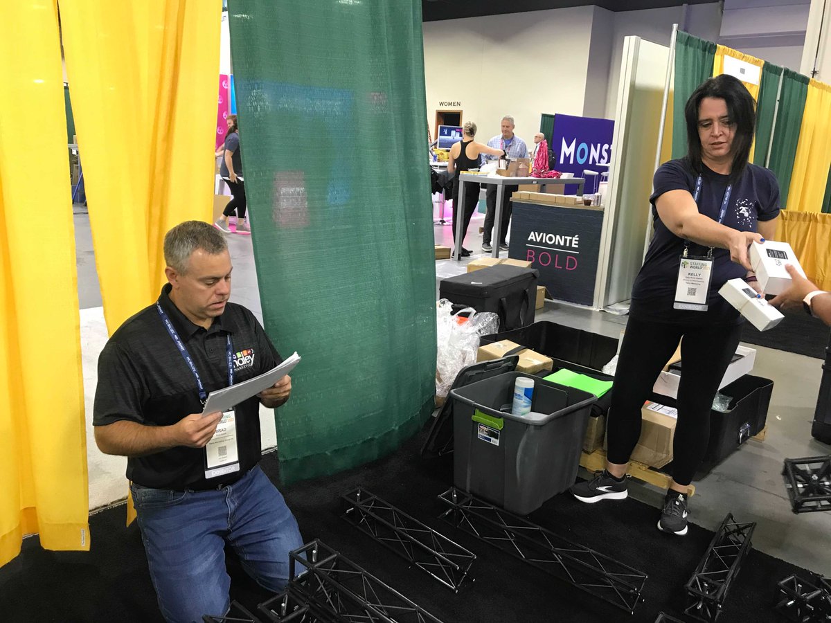 MackenzieHMG's tweet photo. The Haley Marketing team is hard at work setting up our booth at Staffing World! Be sure to stop by and say hi. We are at booth 615 and look forward to seeing and speaking with everyone! https://t.co/xdXBCqodns