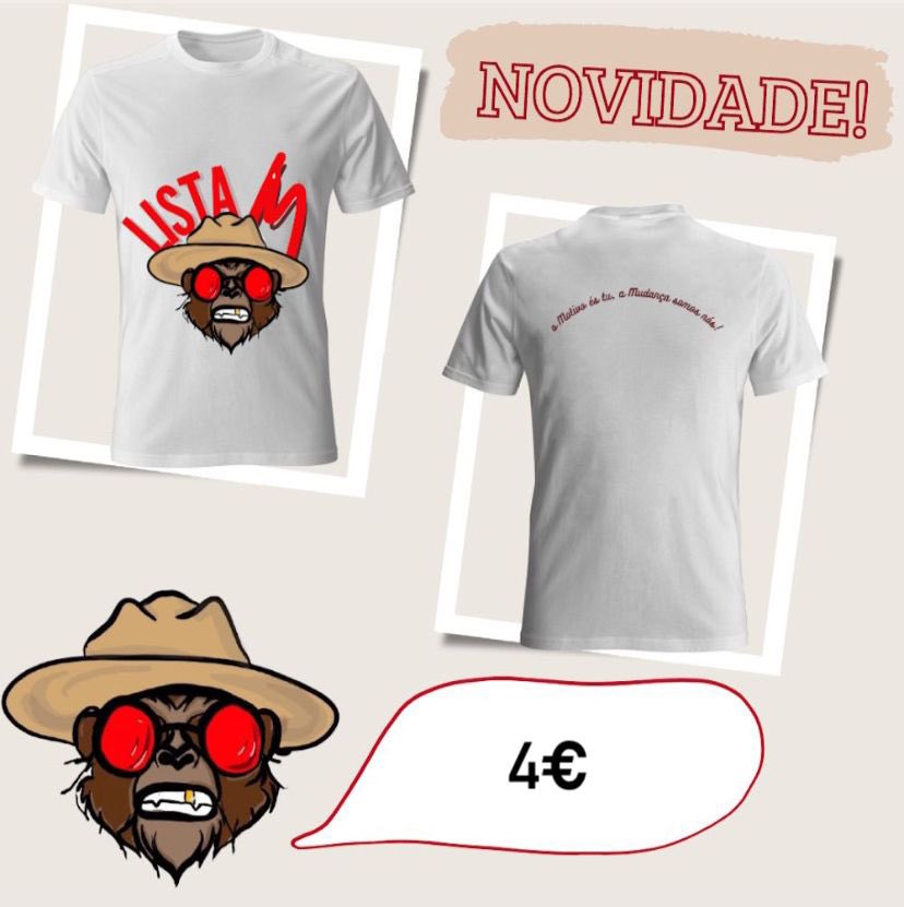 Boas pessoal!!!🐵 
Estas são as sweats e t-shirts da lista 〽️ 
Para comprares a tua só tens que:
- Falar com um membro da lista 
- dares o nome e número do cartão da escola
- o tamanho que queres 
- o que queres (só a t-shirt, só a sweat, ou ambas)