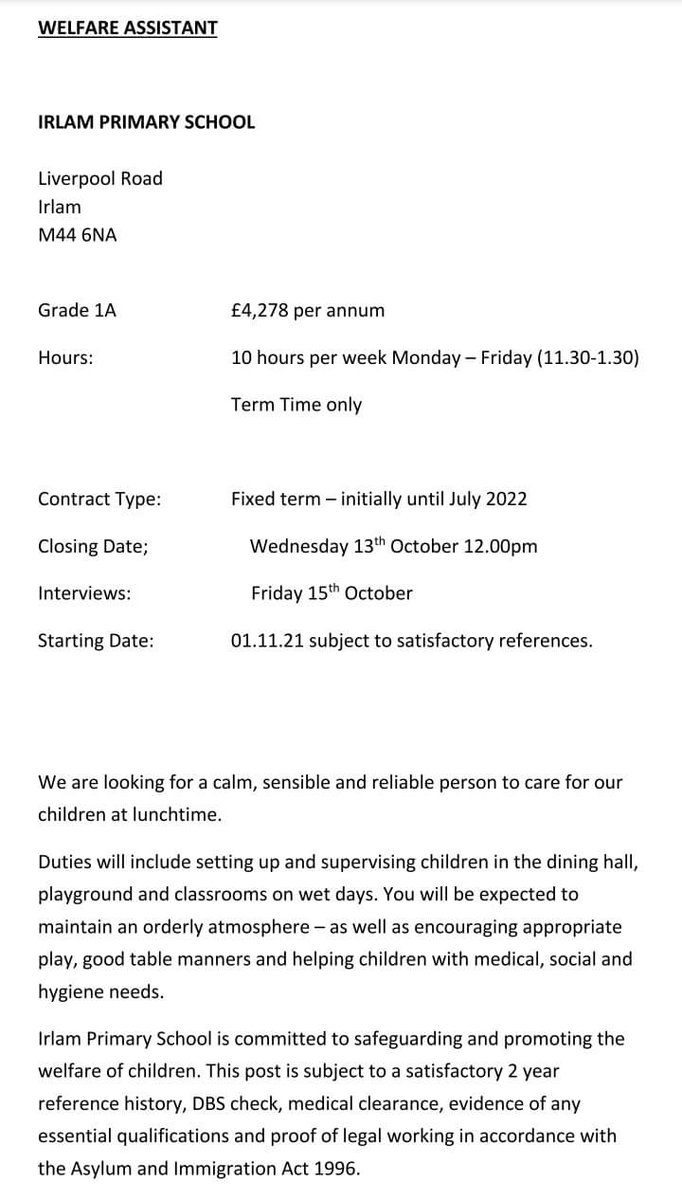 Irlam Primary School (@irlamprimary) on Twitter photo 🚨WE ARE HIRING!
Are you passionate about working with children?
We are looking for a new Welfare Assistant to support our wonderful pupils at lunchtimes. If interested, please drop us a message or contact us via:
☎️0161 775 2015
📧Irlam.primaryschool@salford.gov.uk 🚨WE ARE HIRING!
Are you passionate about working with children?
We are looking for a new Welfare Assistant to support our wonderful pupils at lunchtimes. If interested, please drop us a message or contact us via:
☎️0161 775 2015
📧Irlam.primaryschool@salford.gov.uk
