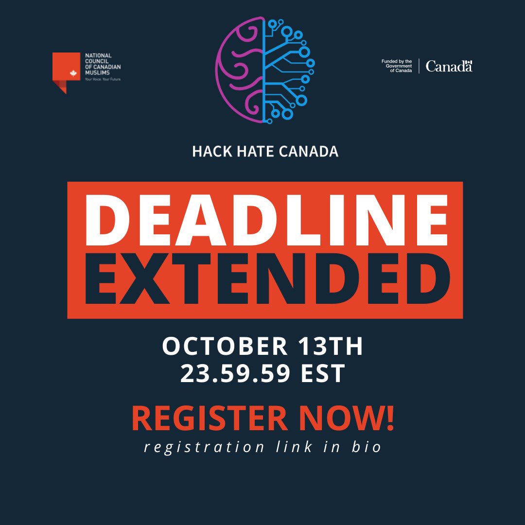 nccm's tweet photo. ๐จ REGISTRATION DEADLINE EXTENDED! ๐จ
The deadline to register for the #HackHateCanada Hackathon has been extended until October 13th.
To register today and learn more about the initiative or visit our website at https://t.co/CVfIfnvLqg https://t.co/KhzjriTt3y