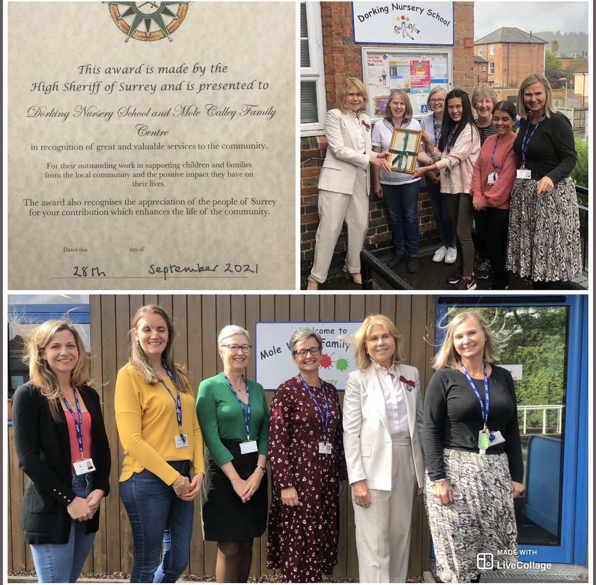 Today we welcomed the High Sheriff of Surrey <a href="/hsofsurrey/">High Sheriff of Surrey</a> to #dorkingnurseryschool and #molevalleyfamilycentre to celebrate the work we do. Staff were presented with the ‘High Sheriff Award’ in recognition of their outstanding work in supporting children and families!