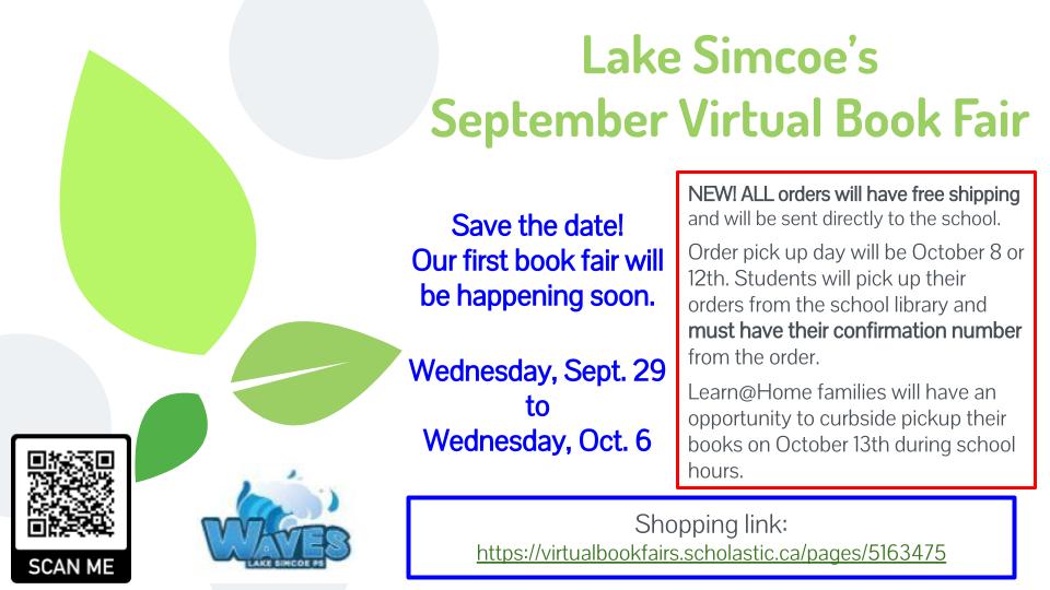 Our Online Book Fair goes live TOMORROW! All books will be shipped to the school and students may pick up their orders Oct 8 or 12 (depending on shipment arrival). virtualbookfairs.scholastic.ca/pages/5163475