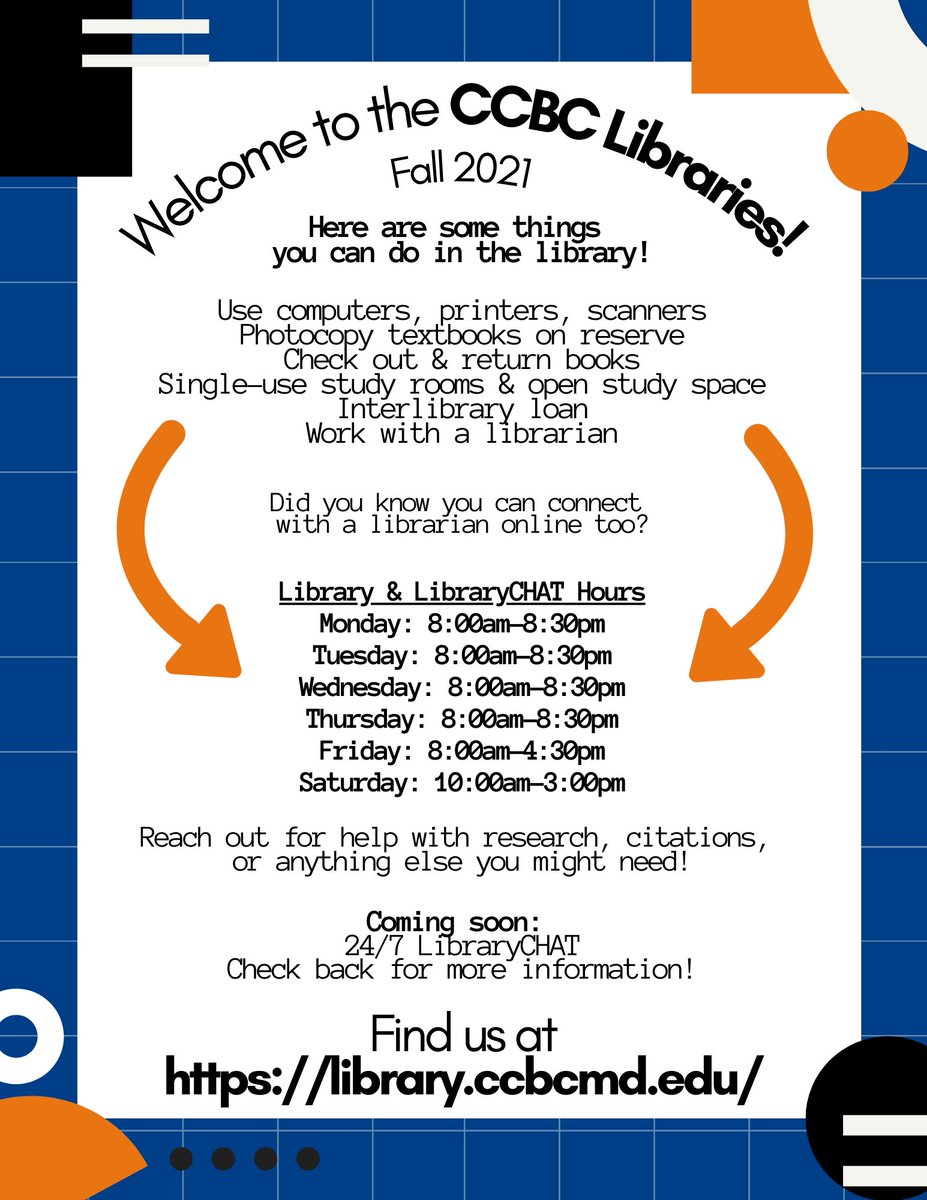 CCBCLibrary's tweet image. Welcome to the Fall 2021 semester! Here's what the library can help you with!