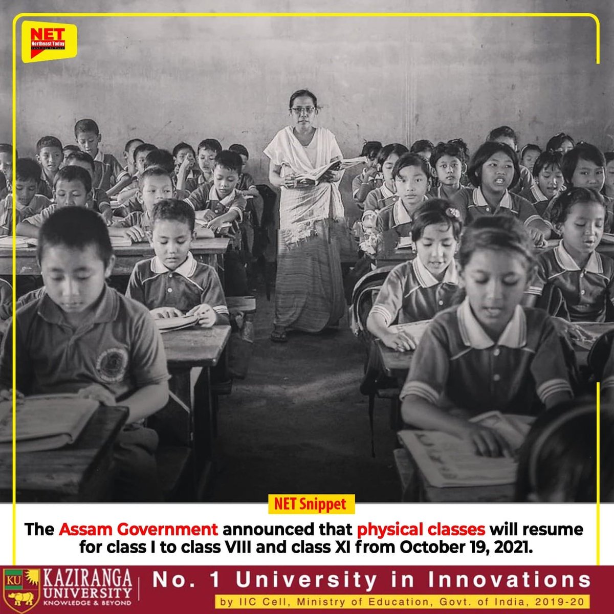 NortheastToday's tweet image. #NetSnippet | Assam Schools for classes I to VIII & XII would resume physical classes from October 19, 2021. The classes will be held by following proper COVID-19 guidelines and protocols.
@mygovassam
#Physicalclasses #physicalclasses
ImageCourtesy: Giulio Paletta