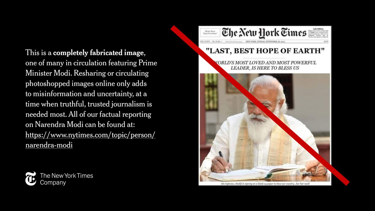 This is a completely fabricated image, one of many in circulation featuring Prime Minister Modi. All of our factual reporting on Narendra Modi can be found at:
nytimes.com/topic/person/n…