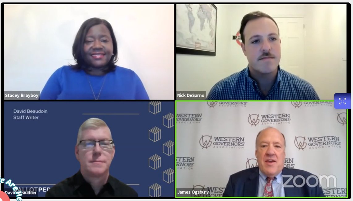 PACouncil's tweet photo. Thanks to our panelists David Beaudoin, Stacey Brayboy and James Ogsbury! When building relationships with governors, recognize that they are practical. They are looking for solutions. @westgov @ballotpedia @sbrayboy7 #StateLocal21 https://t.co/kogOpJXJpl