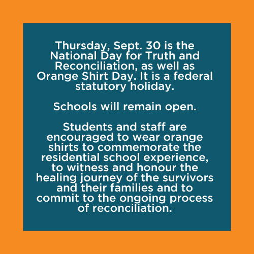 SCDSB_Schools's tweet photo. Thursday, Sept. 30 is the National Day for Truth and Reconciliation, as well as Orange Shirt Day. 

Students and staff are encouraged to wear orange shirts. https://t.co/c01mGPdnv3