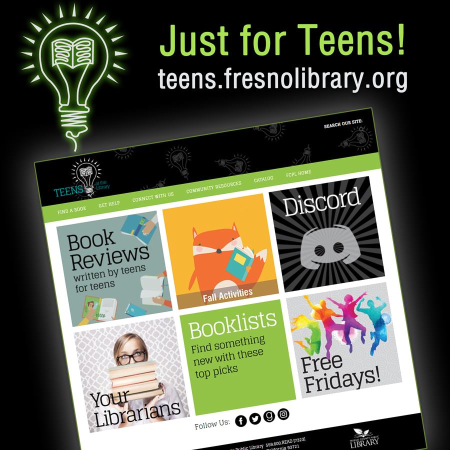 FCPL's tweet image. Check out teens.fresnolibrary.org for teen/YA booklists; access to our Discord gaming server/digital hangout space for teens; general information and crisis resources; fun giveaways and programs &amp;amp; more!

#fresnolibrary #teensonly