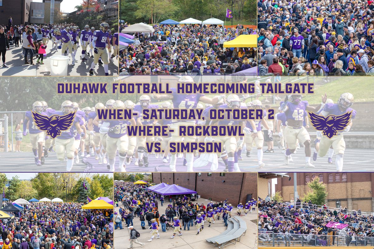 Get down to the Duhawk Football Tailgate this Saturday for our homecoming game!! Experience you don't want to miss. Alumni, family, friends, and football! Don't get much better.
#RockBowlTough #FlyWithUs