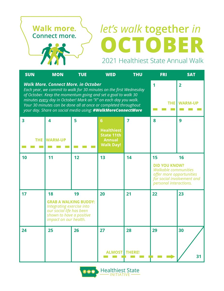 Set a goal to walk 30 minutes every day in October! 👟 This calendar will help keep you on track. #WalkMoreConnectMore #WalkWednesday 

Download + Print it: iowahealthieststate.com/blog/individua…