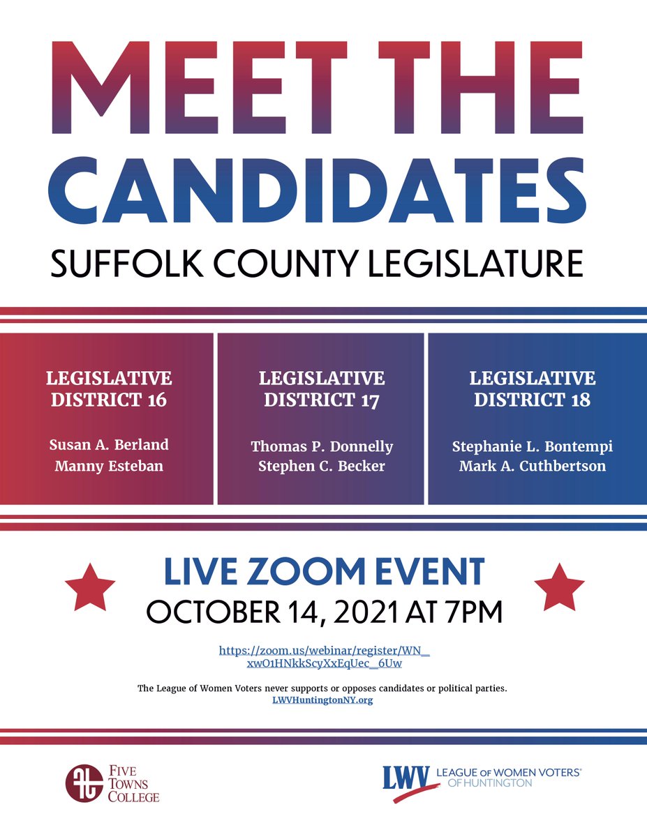 CommackLibrary's tweet image. Meet the candidates for Suffolk County Legislature districts 16, 17 and 18. This program is sponsored by the League of Women Voters of Huntington and Five Towns College. To register, go to zoom.us/webinar/regist…. #suffokcountylegislature #meetthecandidates