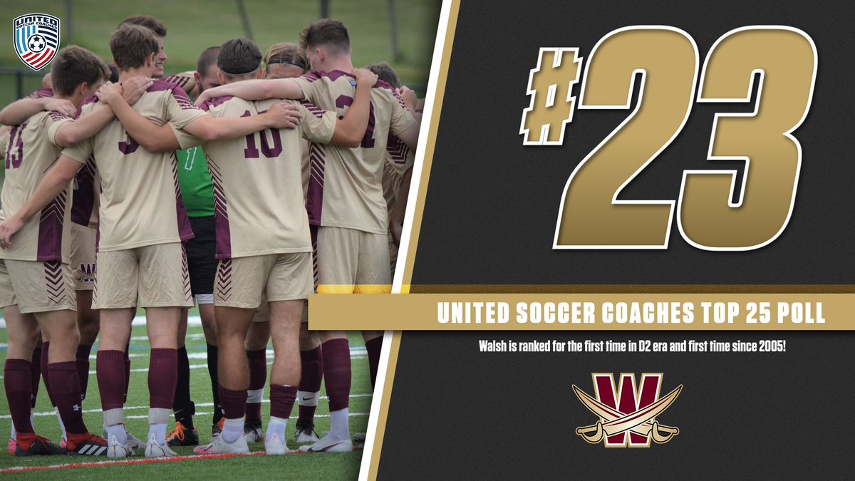 WalshCavaliers's tweet photo. MSOC | @WalshU_Soccer has entered the @UnitedCoaches Top 25 for the first time since 2005! Walsh enters the week at #23 nationally and #3 in the Midwest! We host Cedarville and Lake Erie this week! #SwordsUp https://t.co/WKa95MYDEq