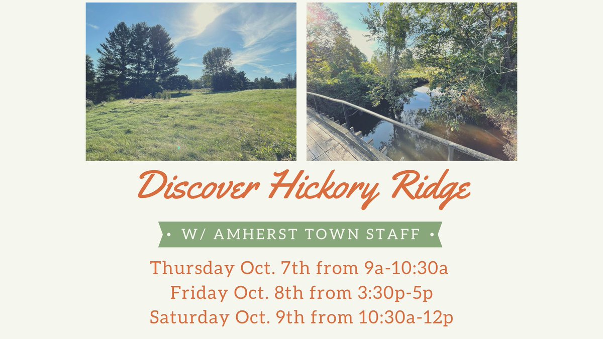 TownOfAmherst's tweet photo. Coming up October 7-9, come Discover Hickory Ridge in #AmherstMA at series of events hosted at the former golf course. All are welcome to join staff to explore the land, ask questions &amp; share ideas. Full event details &amp; more available at our project page ➡️https://t.co/KdVtBxMeaj https://t.co/BmAW71rYIS