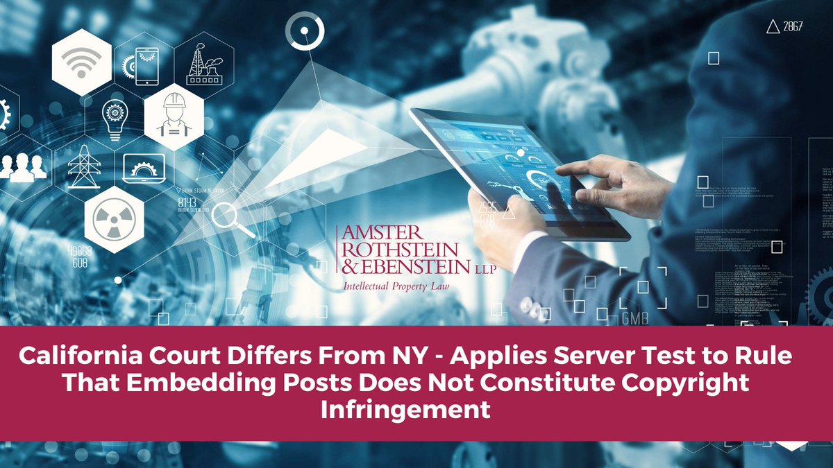 AmsterRothstein's tweet photo. Is it #copyrightinfringement to embed a link to a work posted on Instagram? Two recent courts, in two different circuits, have come to opposite conclusions.

Learn more in this alert: https://t.co/p3RlJdcuZT

#copyrightlaw https://t.co/EvBcd9kX0d