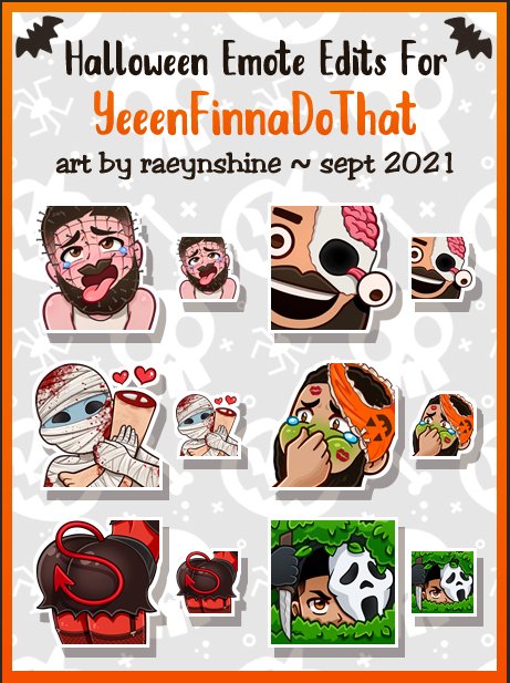 Wanted to share these AMAZING Halloween Emote edits with you guys! They are now LIVE on Twitch until Nov 1st!

Made by my talented emote artist <a href="/raeynshine/">RaeynShine 🌦️</a> !
YES, her commissions are OPEN!! 🎃🎃🎃