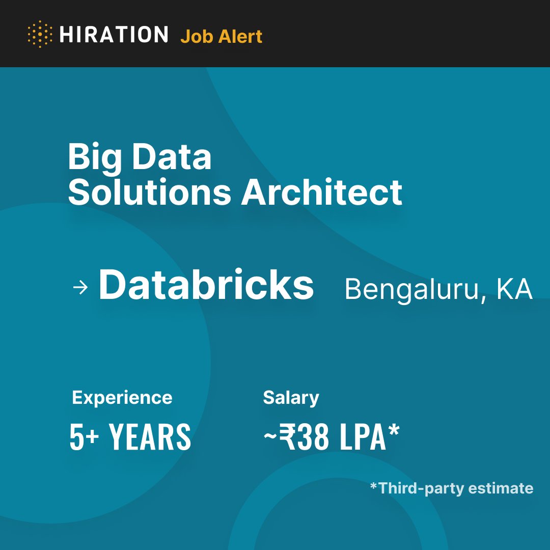 .@databricks is #NowHiring a Big Data Solutions Architect to join their team in #Bengaluru, Karnataka.

Follow #HiredViaHiration for more job listings.

databricks.com/company/career…

#JobAlert #JobVacancies #TechJobs #TechJobsAlert #Jobs2021 #JobsIndia #HiringNow #TechCareers