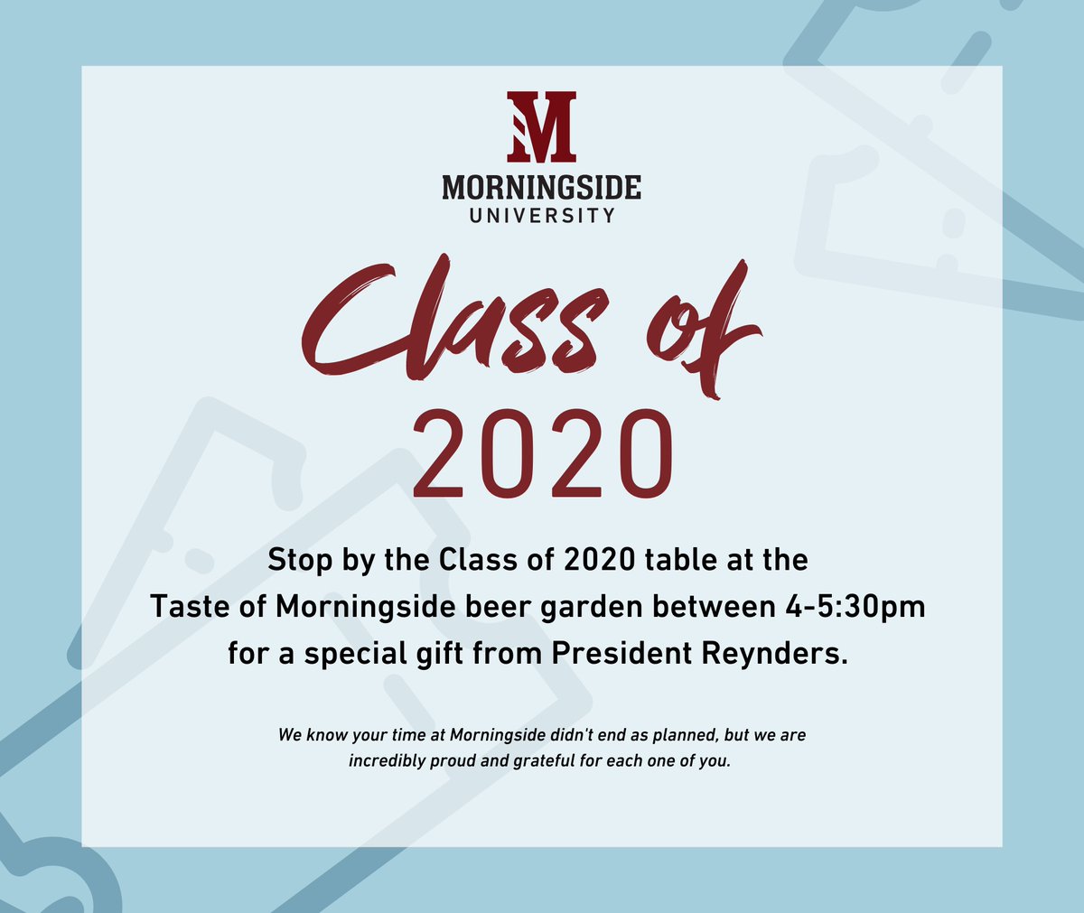 MorningsideEdu's tweet photo. OK, Class of 2020...@MsidePresident promised there would be a time to celebrate you after covid messed up your final weeks at Mside. He's making good on his word. Stop by Taste of Morningside from 4-5:30 p.m. during #MsideHoco for a small gift from President Reynders to you. https://t.co/qMiD7EBmXy