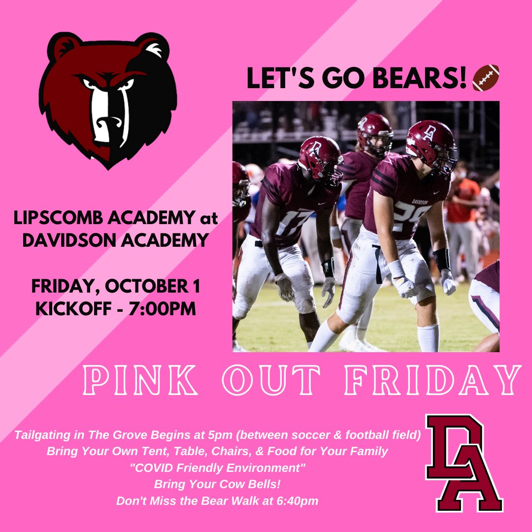 Davidson Academy (@davidsonacademy) on Twitter photo Don’t miss FriDAy night’s <a href="/BearsDavidson/">Davidson Academy Football</a> game with Lipscomb Academy! It will be a PINK OUT theme. Tailgating in The Grove starts around 5. Bear Walk at 6:40. Kickoff at 7.
Tickets on GoFan - gofan.co/app/events/363…
#theDAway #acceptthechallenge #championspreparehere #pinkout Don’t miss FriDAy night’s <a href="/BearsDavidson/">Davidson Academy Football</a> game with Lipscomb Academy! It will be a PINK OUT theme. Tailgating in The Grove starts around 5. Bear Walk at 6:40. Kickoff at 7.
Tickets on GoFan - gofan.co/app/events/363…
#theDAway #acceptthechallenge #championspreparehere #pinkout