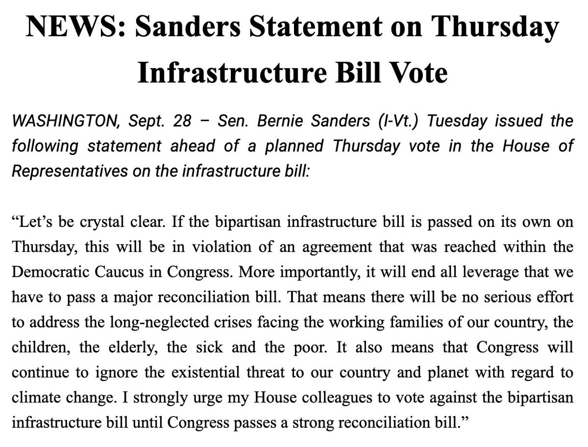 ddayen's tweet photo. Senate Budget Cmte chair Sanders out with a statement on the infrastructure vote on Thursday: https://t.co/fwnhD6rY2K
