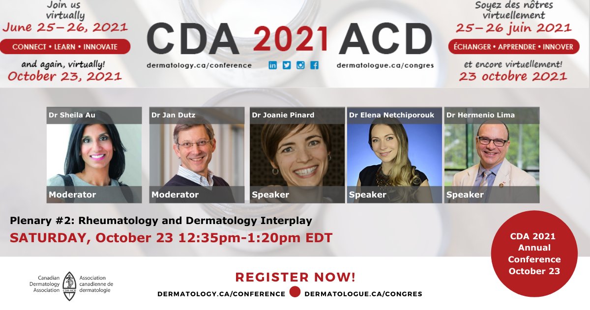 Plenary 2 of #CdnDermConf_2021 is “Rheumatology and Dermatology Interplay” Speakers are Dr. Joanie Pinard, <a href="/DrElenaN/">Elena Netchiporouk, MD, MSc, FRCPC, FCDA</a> &amp; Dr Hermenio Lima. Sat, October 23 12:35 pm -1:20 pm EDT. #Dermatology #Rheumatology Register now: bit.ly/2sRLEcR