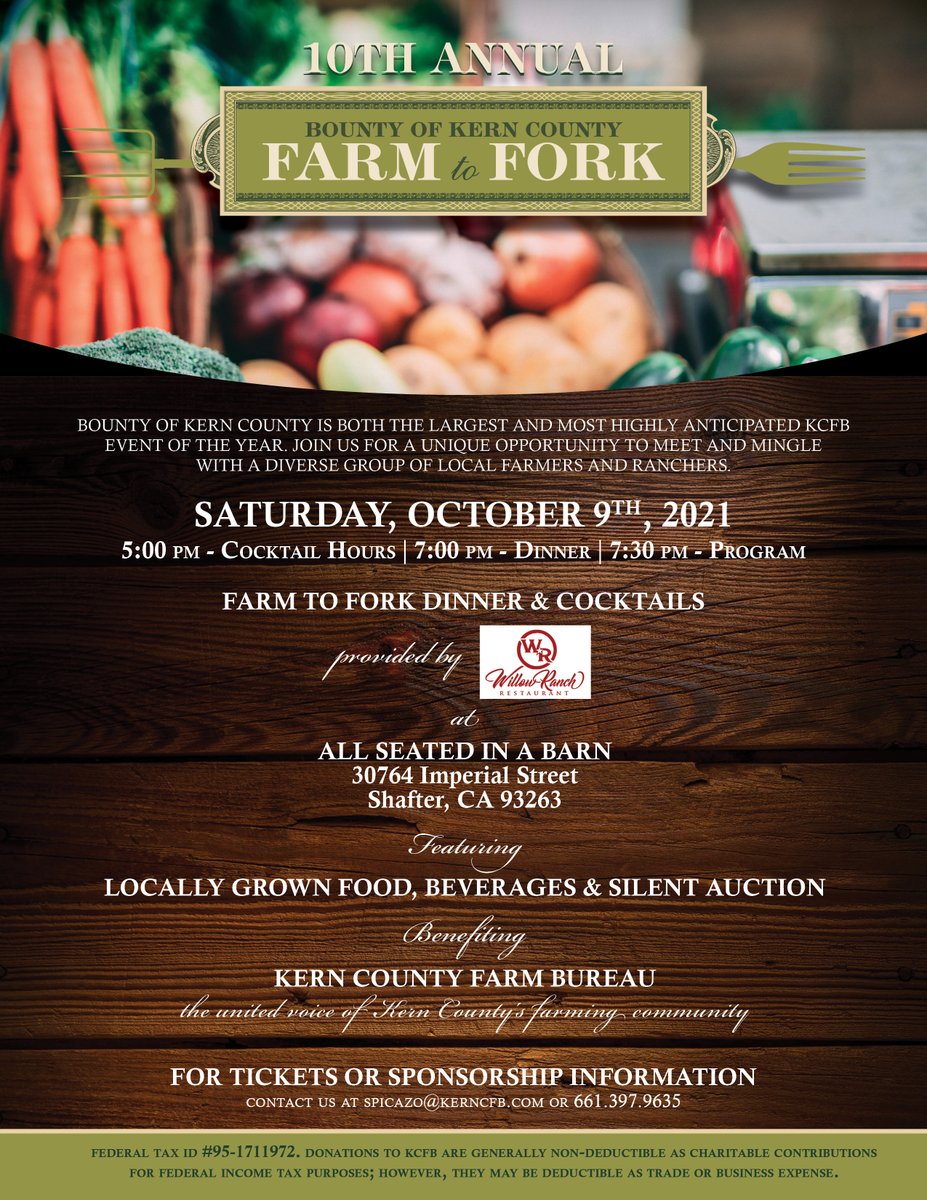 Tickets are going fast!  Don't miss out... get your <a href="/KernCountyFB/">KernCountyFarmBureau</a> "Bounty of Kern County" dinner event tickets today. Visit kerncfb.com/bounty-of-kern… for more info.  <a href="/CAFarmBureau/">California Farm Bureau</a> <a href="/almondgirljenny/">Almond Girl Jenny</a>