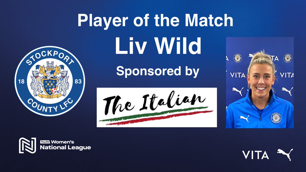CountyWomen_'s tweet photo. PLAYER of the MATCH : Liv Wild @Livi_Wild was nominated by the opposition as our Player of the Match in Sunday’s win against @BarnsleyWFC 

Congratulations! 🥂🍾👏🏻👏🏻👏🏻

Liv is sponsored by @RomileyItalian Thank you for your support 🙏🏻

🔵⚪️🎩 #UTH #FAWNL #WeAreNational https://t.co/T6nZuaBrVJ