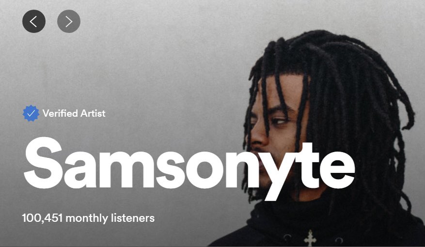 Samsonyte_'s tweet photo. Wow! 100k monthly listeners!

Major milestone. It’s incredible to realize that many people listen to me on a regular basis. Thank you! Extremely Grateful. 🥲🙏🏾 https://t.co/iddg9OCfEj