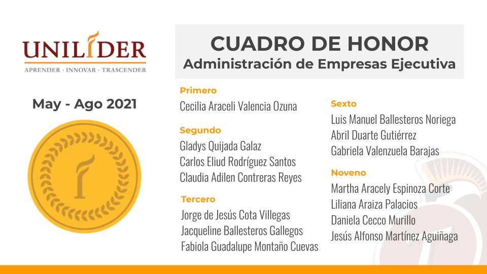 Unilider_univ's tweet photo. Cuadro de Honor de Licenciaturas Ejecutivas y Maestrías.
Nuestro reconocimiento al esfuerzo y dedicación de los alumnos distinguidos de Licenciaturas Ejecutivas y Maestrías durante el periodo mayo-agosto del 2021.
#UNILIDER #Tumeimportas https://t.co/3GQOyKJaFo