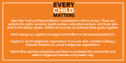 There are many ways to learn, reflect, and take action during Truth and Reconciliation Week and throughout the rest of the year. 

A few possible actions are included in the image below. More suggestions and resources can also be found on our website: ow.ly/pr1Y50Gib8d