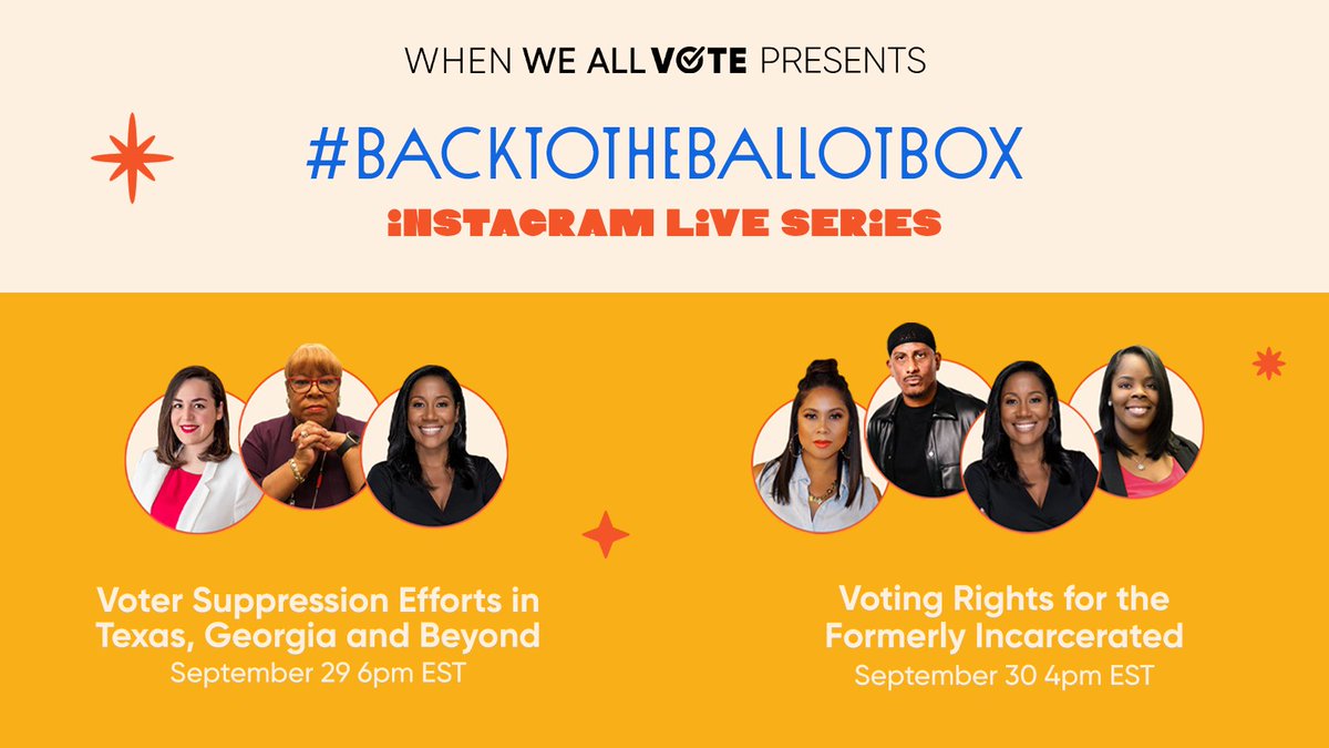Join us for our #BackToTheBallotBox IG live series on 9/29 at 6pm EST and 9/30 at 4pm EST! We're talking all things voting rights alllllll week long 🗳️ ✨