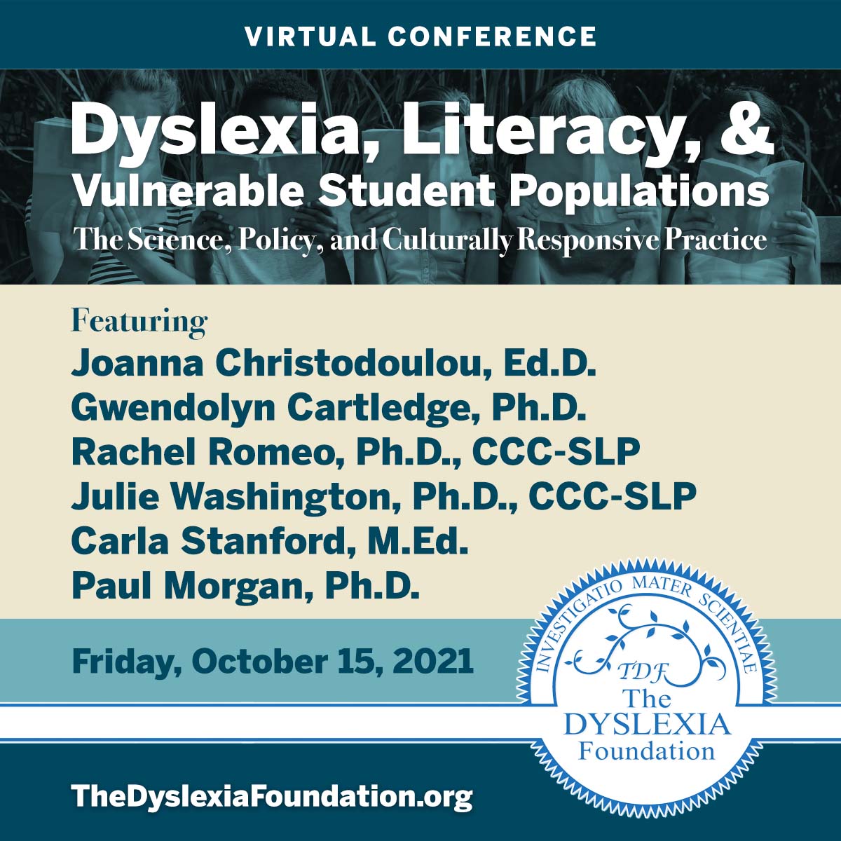 Join us virtually Friday October 15, 2021 #Dyslexia, #Literacy & Vulnerable Student Populations. Dr. Rachel Romeo will be speaking on 'The Relationships Between Language Development, Early Literacy, and Socioeconomic Status (SES)' Register: buff.ly/2MKVA2f #edchat