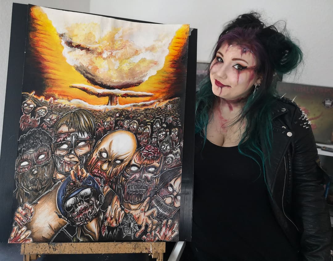 AbsurdArt_'s tweet photo. Seit August gibts dieses Artwork als Druck bei Ost+Front im Shop! Ich freue mich, tierisch dass ich die Jungs supporten konnte. Es war mir eine Ehre, die Band zu zeichnen. Vielen Dank!🖤 Wie findet ihr das Bild? 
#ostfrontband #halloweenmakeup #zombieart #darkart https://t.co/Wyyr70PLaz