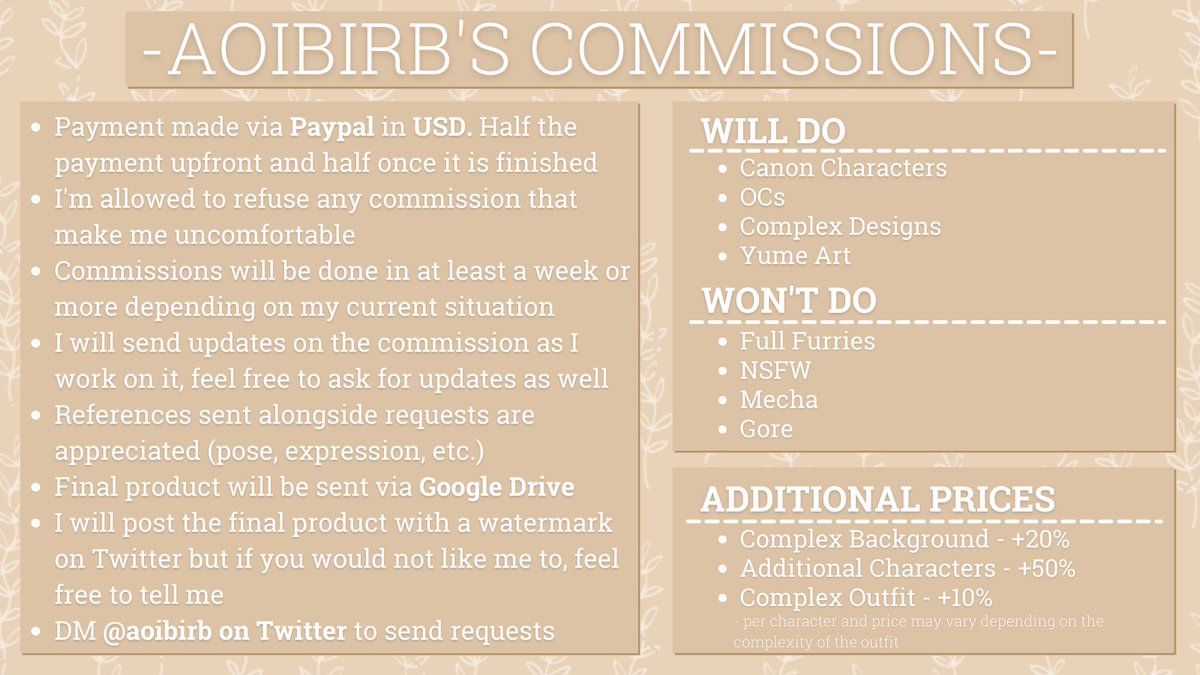aoibirb's tweet photo. [💌 RTs appreciated!] Commissions open again!
---
• updated some of the terms of service and pricing as well as examples
• 5-10 slot limit at the moment, will update this thread as they are claimed
• please DM me if you are interested or have any questions! 💕 https://t.co/4KO8jdc1oQ