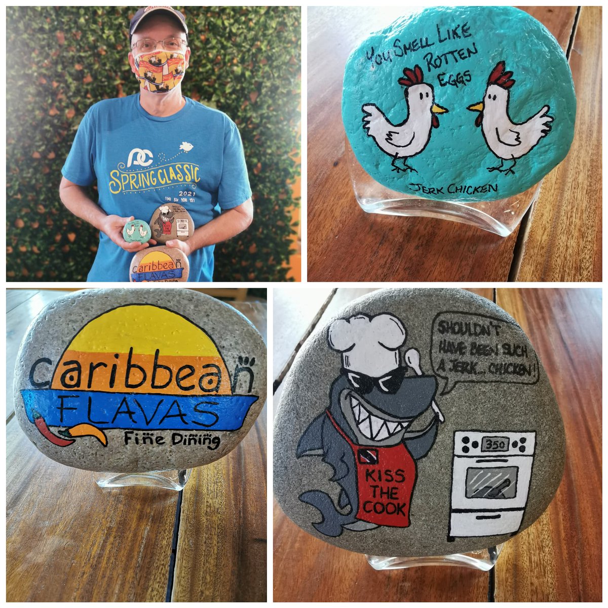 CaribFlavas's tweet photo. When one of your VIP guests say that you make a "Rocking" best ever Jerk Chicken and Shark and Bake...he decides to gift us some beautiful rocks he painted himself. Thanks bro.

#nbtalent 
#vipclient 
@jameshoyt https://t.co/7KQW1vkPl8