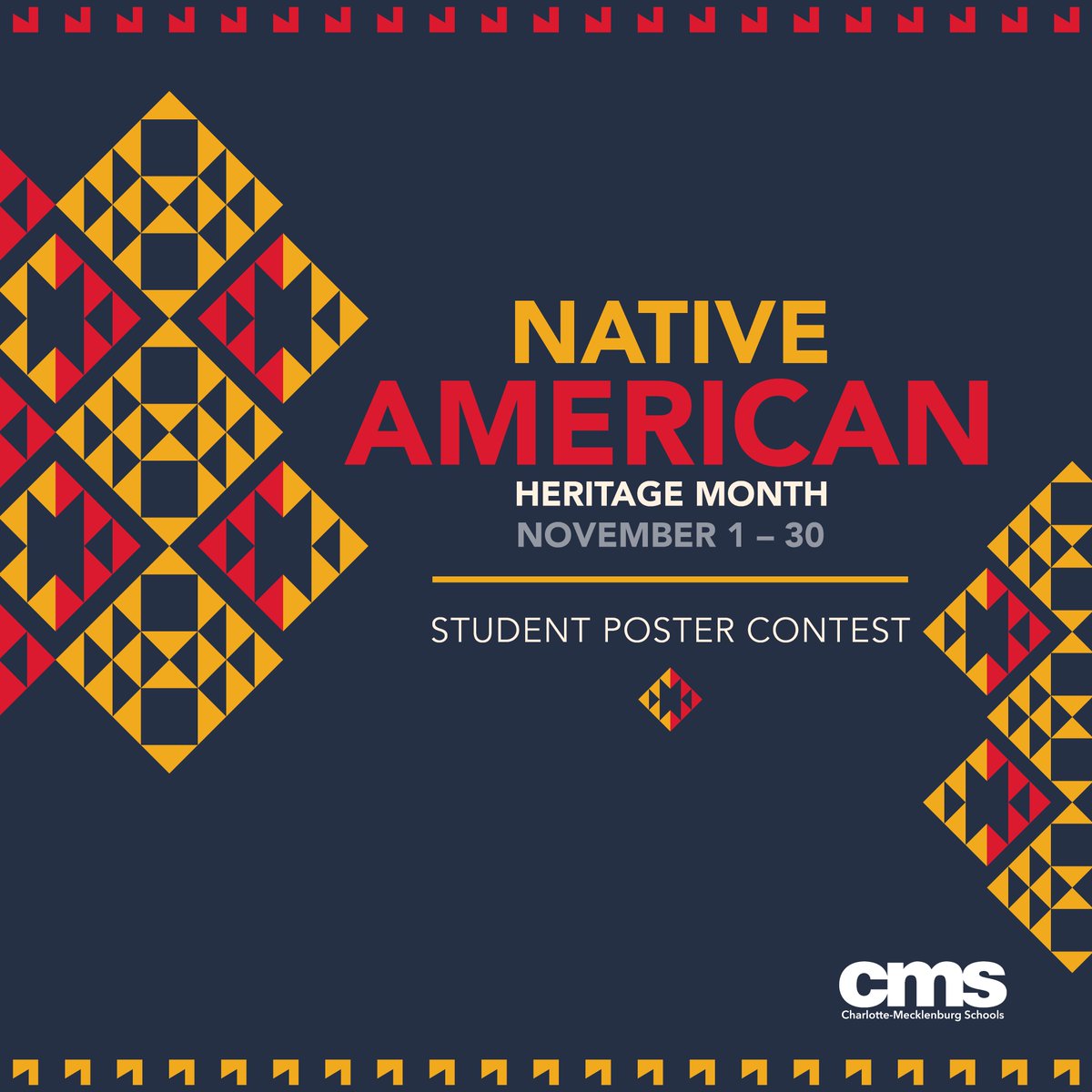 CMS students! Charlotte-Mecklenburg Schools is hosting a student poster contest to celebrate Native American Heritage Month this November. 

Find out how to send in your submissions today!

Contest Flyer:
bit.ly/NAHMContestPos…
Contest Rules:
bit.ly/NAHMContest