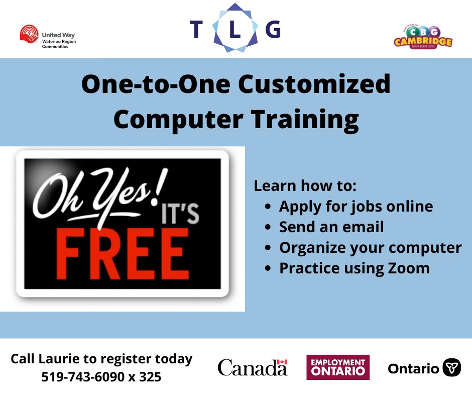 TLGwr's tweet photo. Tired of being tech support for your family? Tell them to call Laurie to register for TLG’s FREE computer training.
Call Laurie to register today. 519-743-6090 x325
#freeonlineclass #computerskills #onetoonetraining #employability  #zoomclasses https://t.co/nDGlm6dJGf