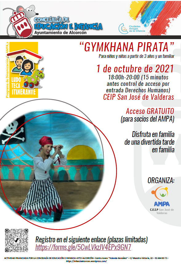 El viernes 01/10 a las 18:00 organizamos una Gymkana Pirata en el centro. Actividad financiada por el <a href="/AlcorconEduca/">Concejalía de Educación</a> dentro del programa de Ludoteca Itinerante.

Animaros y disfrutar una divertida tarde en familia ( plazas limitadas) inscripciones en: forms.gle/5CwLVkzJV4EPx9…