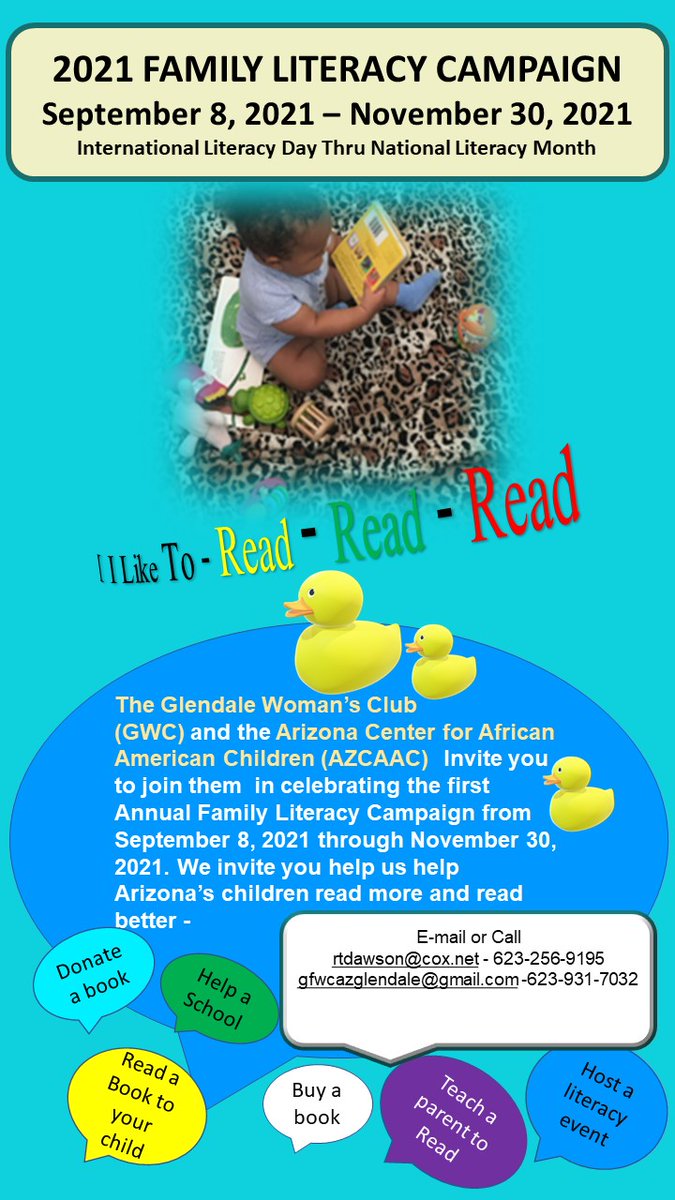 azedschools's tweet photo. In honor of National Literacy Month, the Glendale Women's Club &amp; the Arizona Center for African American Children are celebrating their first annual Family Literacy Campaign. Learn how you can join them in helping Arizona's children read more and read better! ⬇️ https://t.co/kR2vO8GqsG
