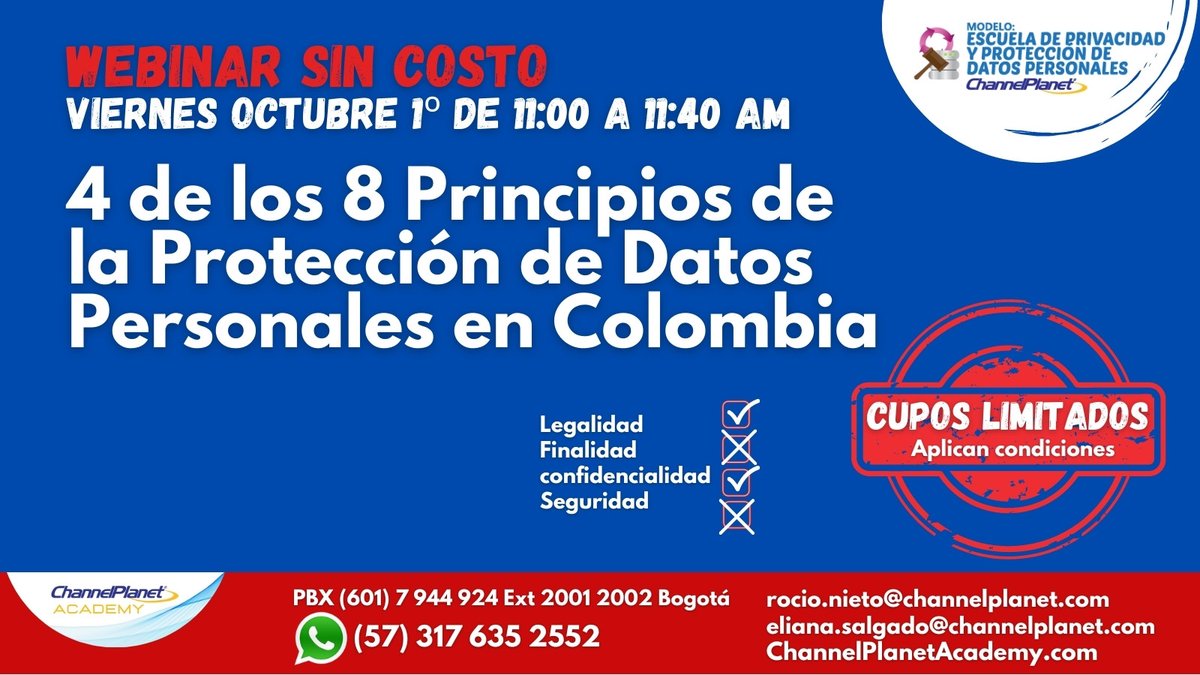 ChannelPlanetCo's tweet photo. Webinar #ProteccióndeDatos Solicita tu cupo, aprende y mitiga riesgos para tu empresa!
#RNBD #Habeasdata #DatosPersonales #Ley1581 #Privacidad #Confidencialidad 
https://t.co/znOJroD72r https://t.co/GJhJZOknDW