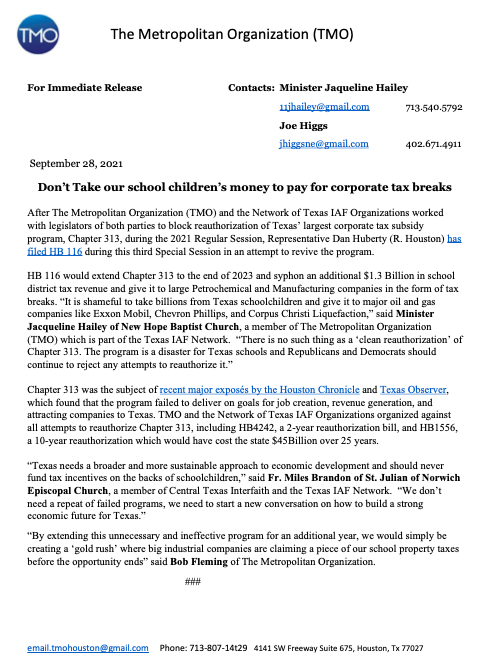 tmo_gclc's tweet photo. #PressRelease HB116 would extend Chapter 313 to the end of 2023 and syphon an additional $1.3 Billion in school district tax revenue and give it to large Petrochemical and Manufacturing companies in the form of tax breaks. #txleg https://t.co/QaTmg47m9Q