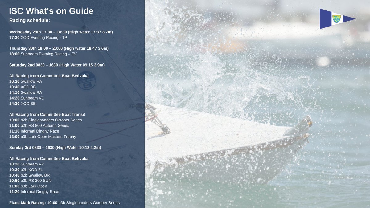 It’s a new week … with a new month coming up.
 
See below ⬇️ for what’s happening on the water here at ISC. 
 
There’s also daily rowing outings 🚣‍♀️ and Wednesday and Thursday evenings (post racing) 🍽 Chef Danny’s homemade Beef or Mushroom Stroganoff 👌

#itchenorsailingclub