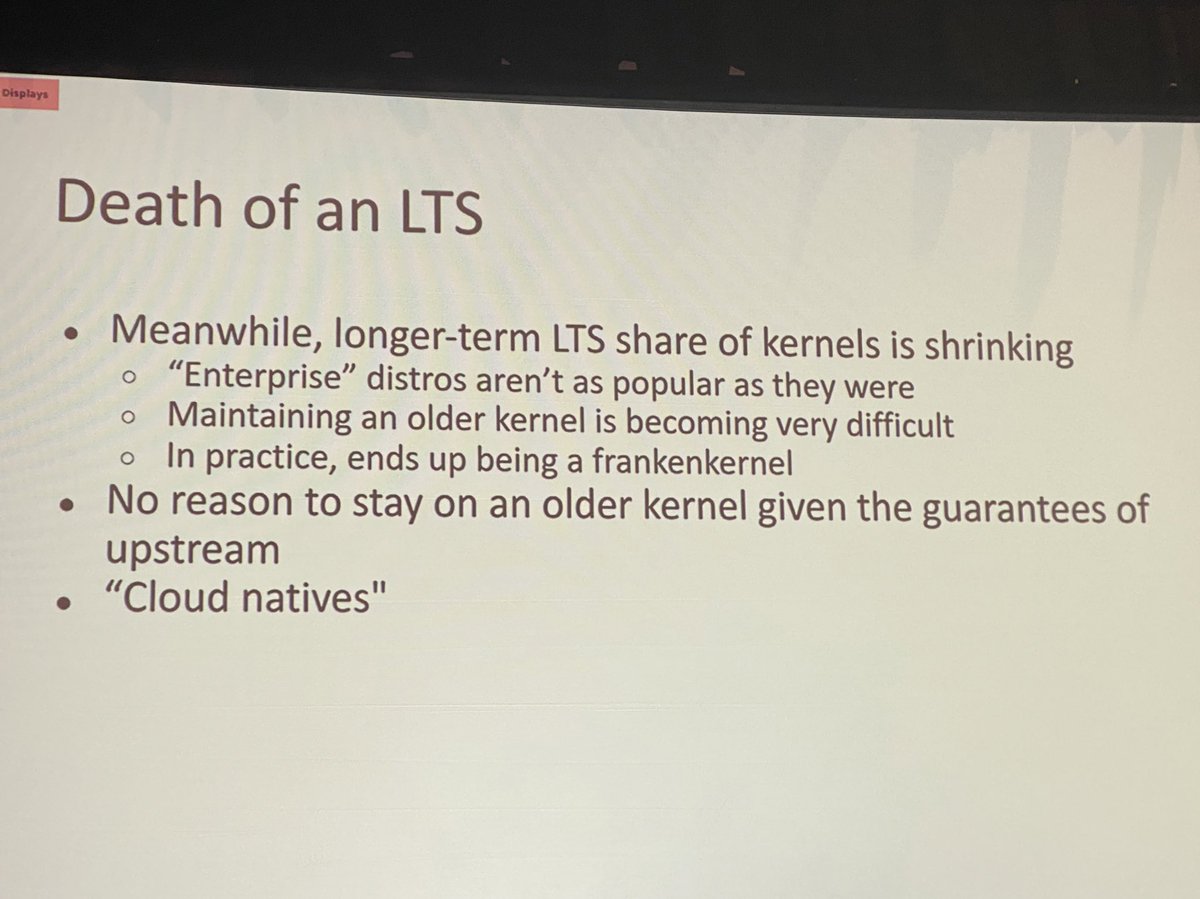 Joab_Jackson's tweet image. Enterprise use of Long Term Support (KTS) #Linux releases is declining &amp;amp; the kernel dev team no longer distinguish between major &amp;amp; minor releases: Every release is stable, with no breaking changes—Google’s Sasha Levin on moving Linux to a rolling release model, #OpenSourceSummit