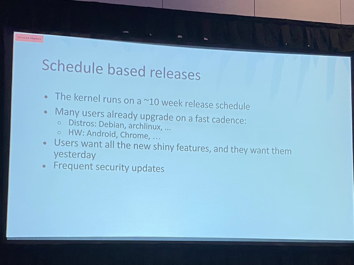 Joab_Jackson's tweet image. Enterprise use of Long Term Support (KTS) #Linux releases is declining &amp;amp; the kernel dev team no longer distinguish between major &amp;amp; minor releases: Every release is stable, with no breaking changes—Google’s Sasha Levin on moving Linux to a rolling release model, #OpenSourceSummit