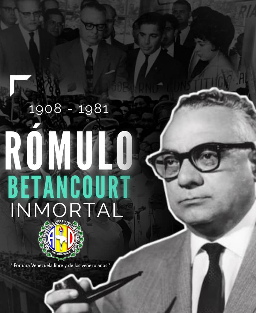prospericarlos's tweet photo. #28Sep Don Rómulo Betancourt, padre de la democracia y fundador de nuestro glorioso partido. A 40 años de su desaparición física, su legado e ideales de libertad, justicia e igualdad siguen más vivos que nunca en cada acciondemocratista.
¡Juntos seguiremos luchando por Venezuela! https://t.co/g4tJQpwyCY