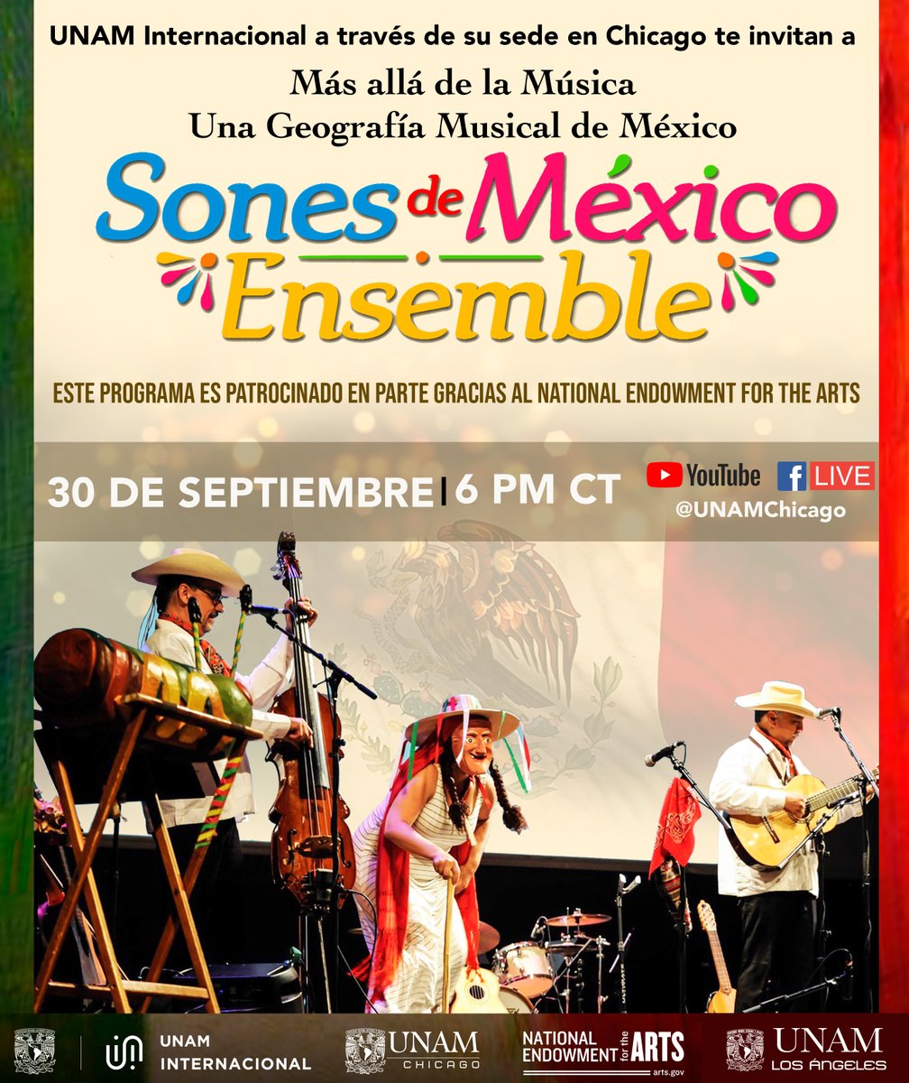 UNAM_LosAngeles's tweet photo. 🇲🇽 Cerremos el Mes Patrio con este concierto, que reúne géneros musicales de toda la República Mexicana.
Síguelo en el #FacebookLive de @unamchicago y de #UNAMLA
¡Nos escuchamos pronto! 🎶
#UNAM #UNAMLA #UNAMInternacional #UNAMChicago #Música #Arte #Cultura #MX #US #USA https://t.co/WujMCuP2jO