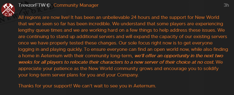 NewWorldEU's tweet photo. Some words from the community team about the queues and promises of future server character transfer for free.
#NewWorld #QueueWorld https://t.co/SeSHJlYqBV
