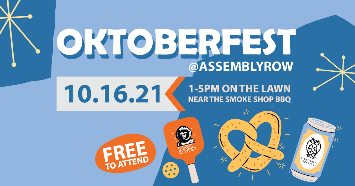 AtAssemblyRow's tweet image. Join us for #Oktoberfest on The Row! Beer @NightShiftBeer. Food @mymidici @TheSmokeShopBBQ. Games by #PKLBoston. Backdrop by #SelfieWRLD. Plus a Doggy Costume Contest! #AssemblyRow #Boston