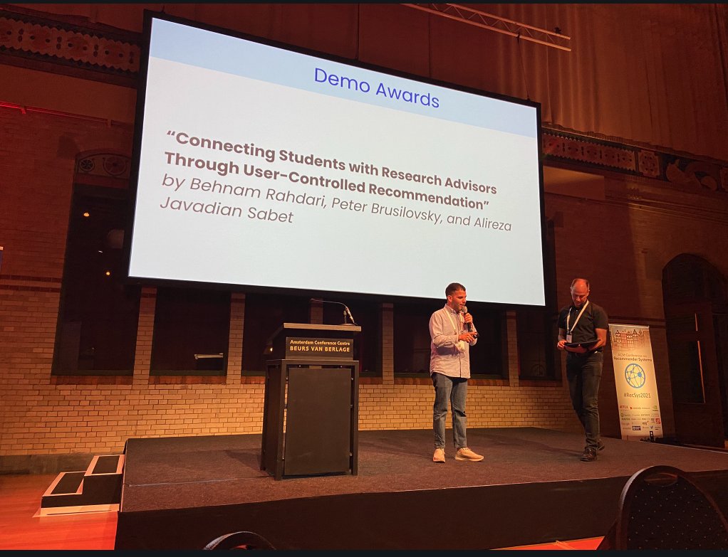 Just in time for #SCIWeek2021 - <a href="/pawslab/">pawslab</a> team is excited to win #RecSys2021 best demo award! @behnamrahdari <a href="/ArjSabet/">Alireza Javadian Sabet</a> demonstrated #Grapewine system for recommending research advisors and courses at @SciPitt 
Try the system at scythian.exp.sis.pitt.edu/pittsci/